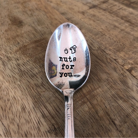 Hand-stamped silver plated vintage spoon saying “nuts for you” with 🐿️ & acorn - Picture 11 of 14